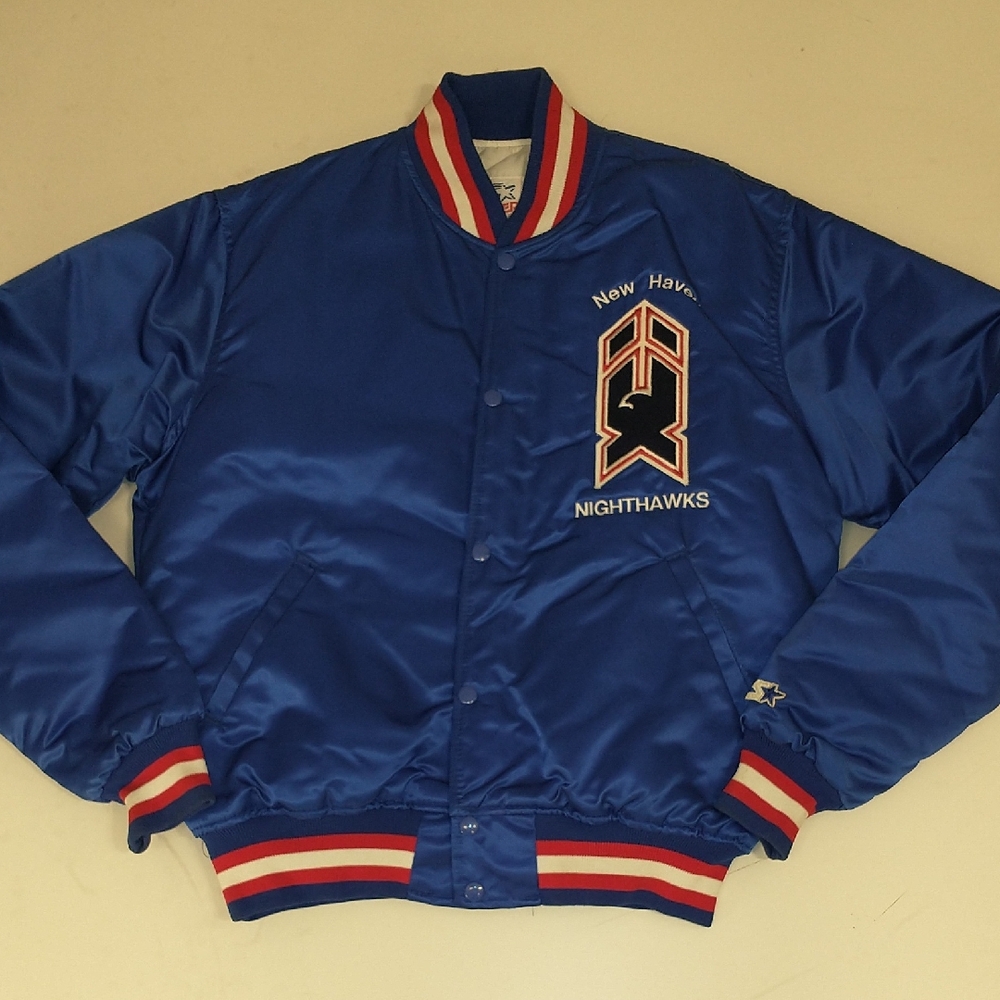 Vintage Nighthawks Hockey Team Starter USA Varsity Jacket Blue Satin Red Trim Lg